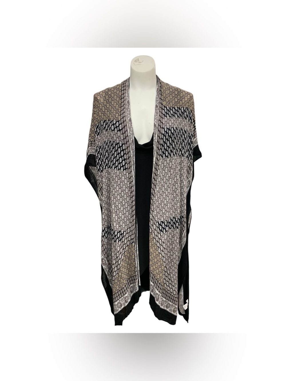 Women's Patterned Open Front Knit Cardigan - Black & Beige Size O/S